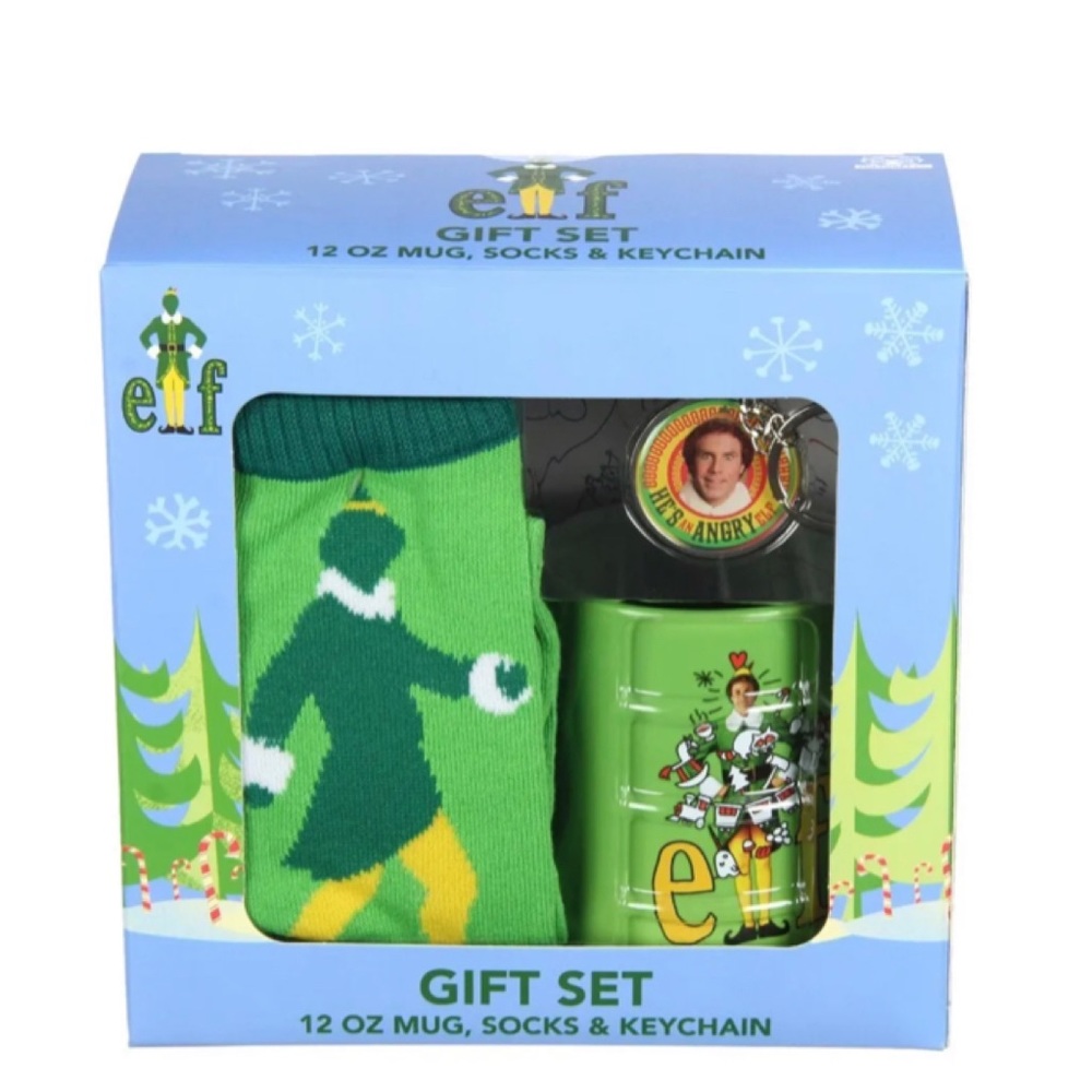NEW Buddy the Elf Gift Set Will Ferrell 12 oz Coffee Mug Crew Socks & Keychain